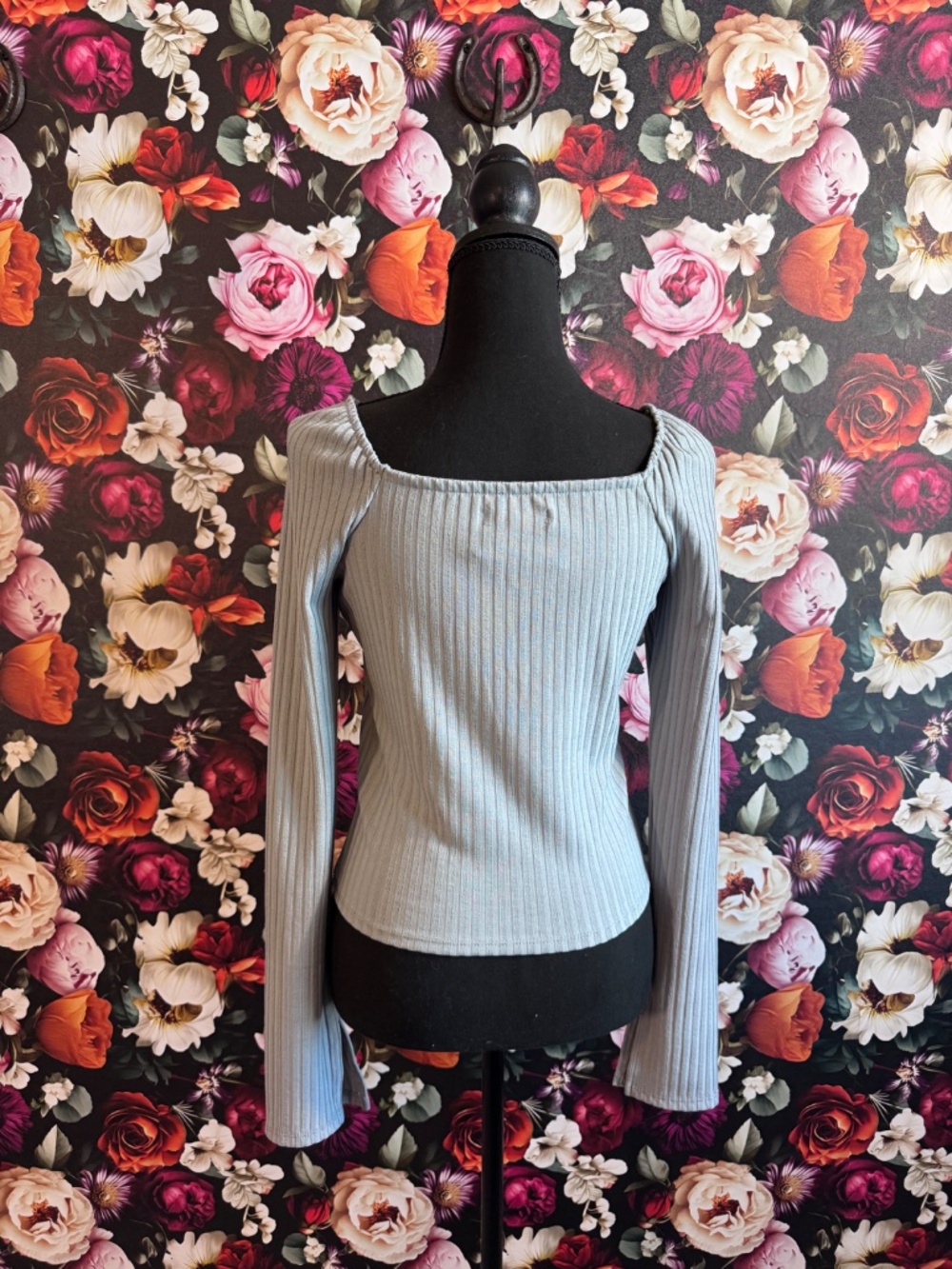 NWT, Madewell Ribbed Fitted Slate Blue Long-Sleeved Top, Off-The-Shoulder, M - Picture 3 of 12